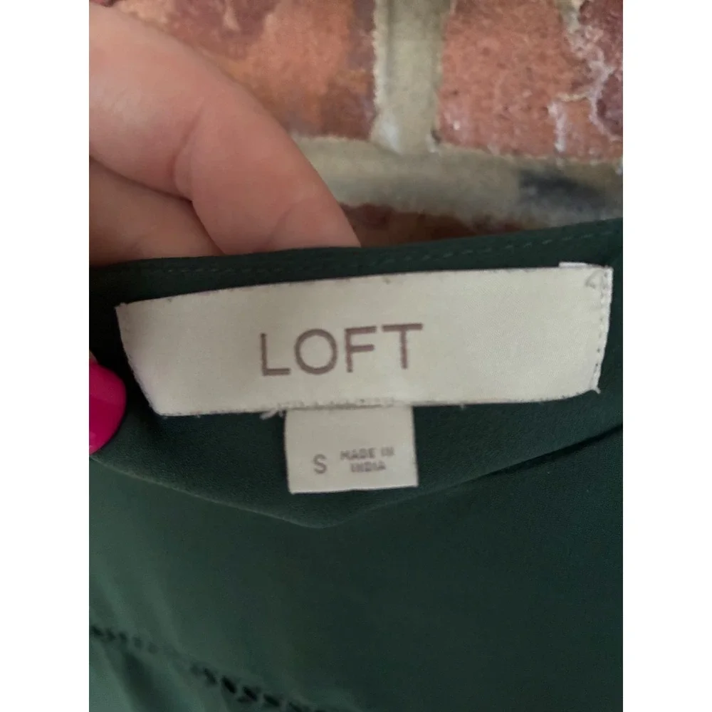 LOFT Womens Forest Green Ladder Lace Trim Keyhole Back Long Sleeve Blouse Top S